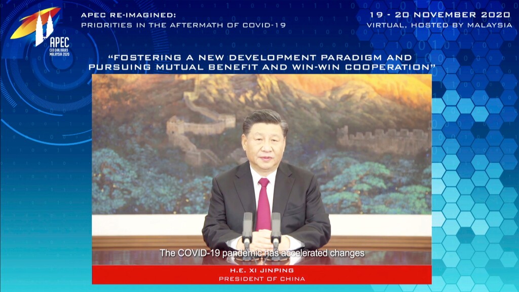 (APEC CEO Dialogues Malaysia 2020 via AP)

In this image from video released by APEC CEO Dialogues Malaysia 2020, China's President Xi Jinping, speaks at a CEO Dialogue forum via video link, ahead of the Asia-Pacific Economic Cooperation (APEC) leaders' summit, hosted by Malaysia, in Kuala Lumpur, Malaysia, Thursday, Nov. 19, 2020.