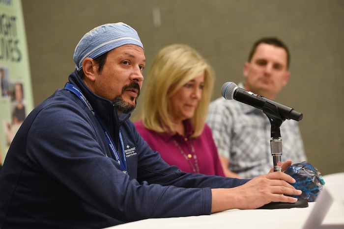 (Francisco Kjolseth  |  The Salt Lake Tribune)  Transplant surgeon Manuel Rodriguez-Davalos, MD, medical director of Intermountain Healthcare's Living Donor Liver Transplant Program discusses a recent surgery where Brandon Finlayson, at right, donated part of his liver to his mother Gwen in the first ever left lobe living liver transplant in Utah.