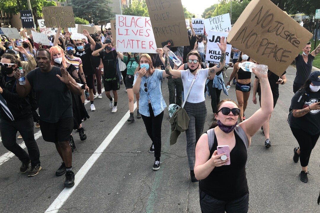 (Rick Egan  |  The Salt Lake Tribune)  A crowd in Salt Lake City marches to protest police brutality on Monday, June 1, 2020.