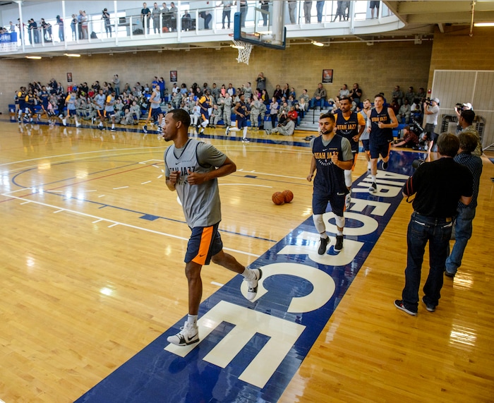 (Steve Griffin  |  The Salt Lake Tribune)    The Jazz warm-up in the Warrior Fitness Center on Hill Air Force Base as they prepare to scrimmage as a part of a "Hoops for Troops" promotion Ogden Friday September 29, 2017. It's also Utah's first public scrimmage of the season, and the first look at how the new pieces of the team will work together. 