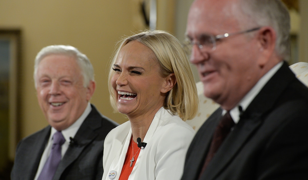 (Francisco Kjolseth  |  The Salt Lake Tribune)  Kristin Chenoweth, the guest artists and narrator at The Tabernacle Choir's annual Christmas concert this year appears alongside President of the choir Ron Jarrett, left, and music director Mack Wilberg during a press conference at the Relief Society Building on Wed. Dec. 12, 2018.
