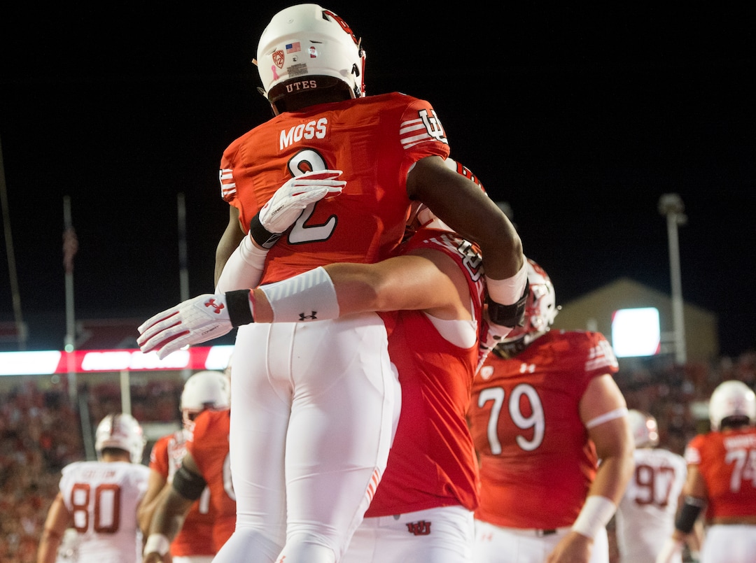 (Rick Egan  |  The Salt Lake Tribune)Utah celebrates the touchdown by running back Zack Moss (2) in PAC-12 football action, Utah Utes vs. Stanford Cardinals, at Rice-Eccles Stadium, Saturday, October 7, 2017.