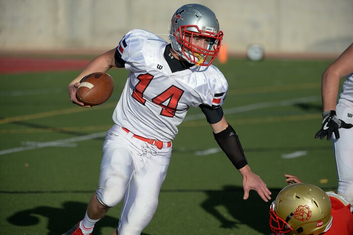 (Francisco Kjolseth  |  The Salt Lake Tribune)  Manti's Lance Fowles puts in some yards in game action against Judge Memorial in the Class 3A football playoff game at Judge on Thursday, Oct. 19, 2017. 
