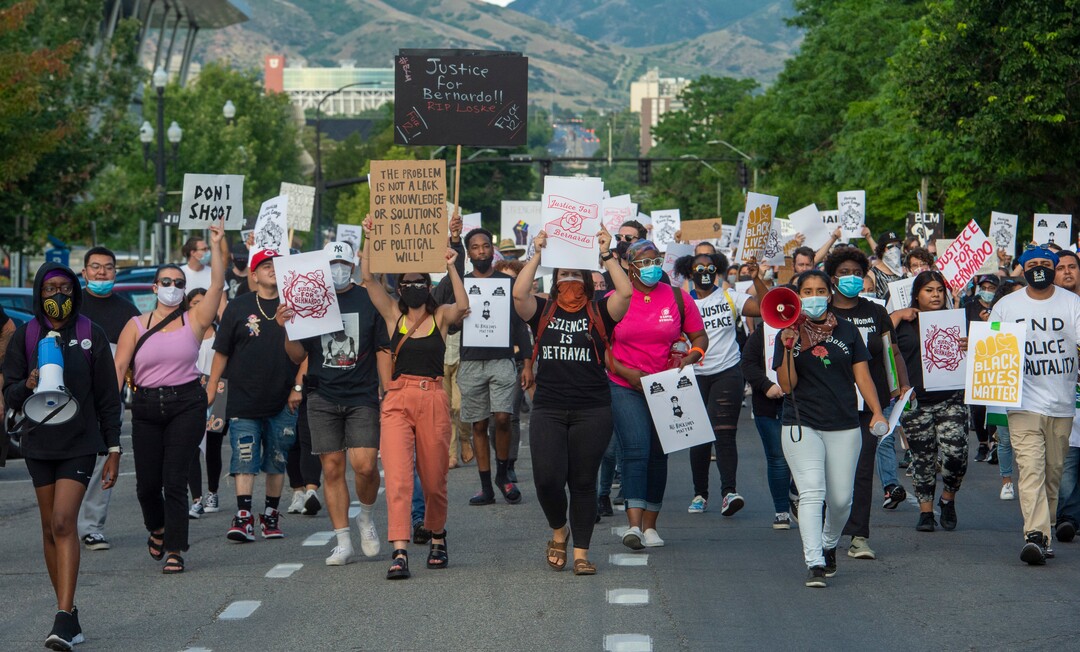 (Rick Egan  |  The Salt Lake Tribune)    Protesters take to the streets, during a Justice for Bernardo protest in Salt Lake City, on Wednesday, June 24, 2020.