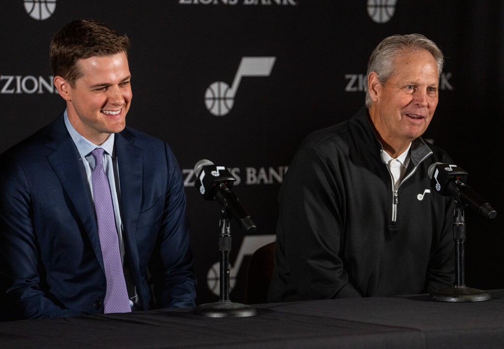 (Rick Egan | The Salt Lake Tribune) Will Hardy answers questions along with Danny Ainge, CEO of basketball operations, during during a news conference announcing Hardy as the new Utah Jazz head coach at Vivint Arena, on Tuesday, July 5, 2022.