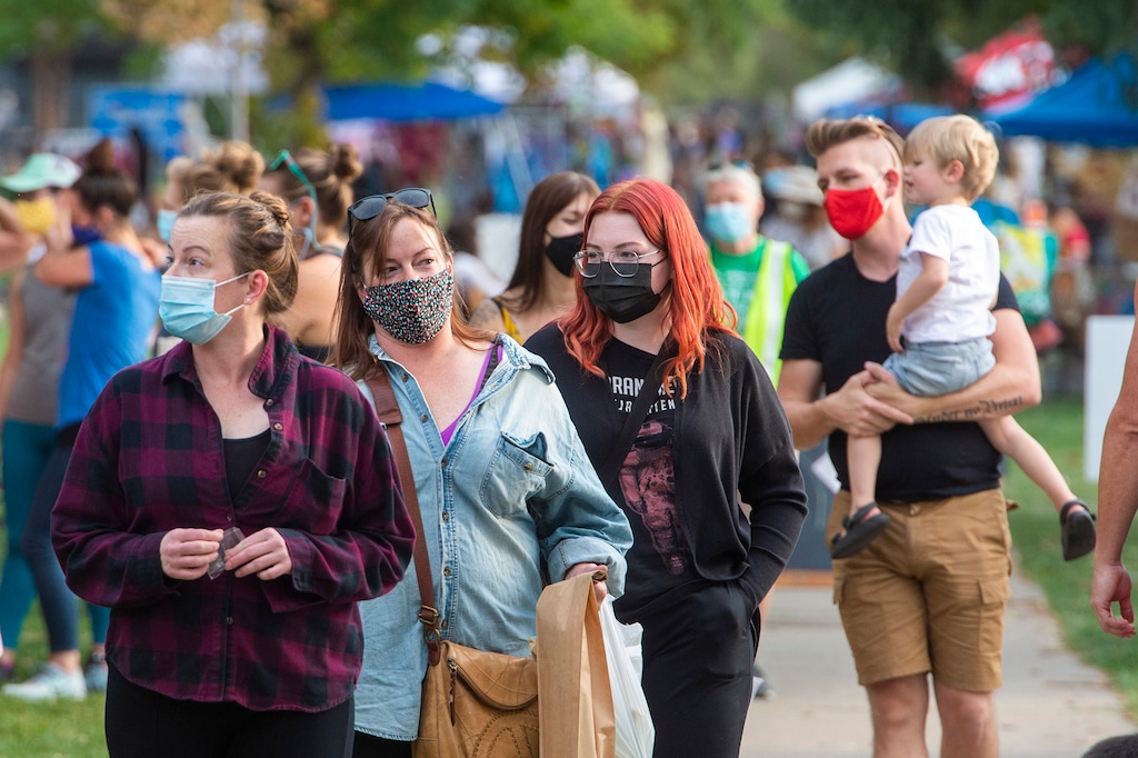 (Rick Egan  |  The Salt Lake Tribune) Shoppers wear masks as they shop at the weekly Liberty Park Market at Salt Lake City's Liberty Park on Friday, Sept. 25, 2020.