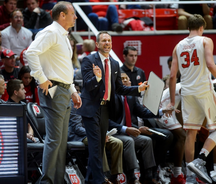 (Steve Griffin  |  The Salt Lake Tribune) Utah associate head coach Tommy Connor center yells instruction to his team during a time out during game against the Arizona State Sun Devils at the Huntsman Center on the University of Utah campus in Salt Lake City Sunday January 7, 2018.