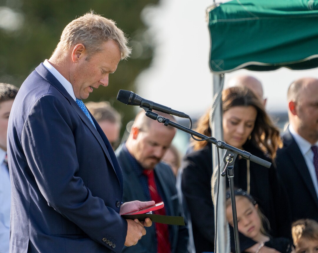 (Rick Egan | The Salt Lake Tribune)  Jess Hatch dedicates the grave of his father, Orrin Hatch, at the Newton Cemetery, on Friday, May 6, 2022.