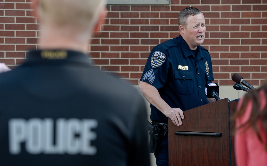 (Francisco Kjolseth  |  The Salt Lake Tribune) West Jordan police spokesman Sgt. J.C. Holt announces a suspect during a press conference on Monday, April 20, 2020, in connection with the double homicide of Tony and Katherine Butterfield who were killed in an apparent home invasion in West Jordan early Saturday. Albert Enoch Johnson, 31, described as 5'10'' and 270-pounds was announced as a person of interest.