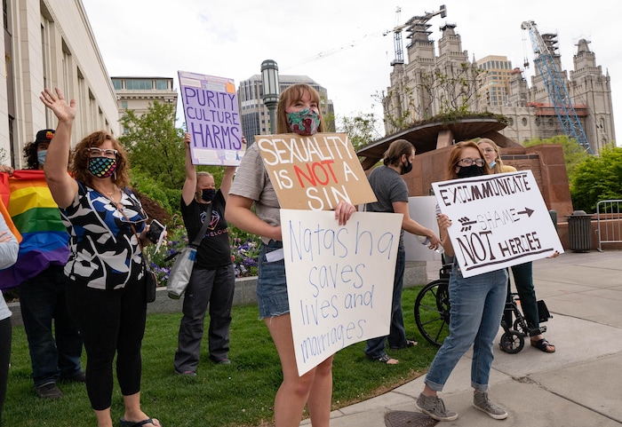 (Francisco Kjolseth | The Salt Lake Tribune) Natasha Helfer, left, a sex therapist who lost her membership in The Church of Jesus Christ of Latter-day Saints, is joined by supporters as they petition the First Presidency to repeal her excommunication on Friday, May 7, 2021.