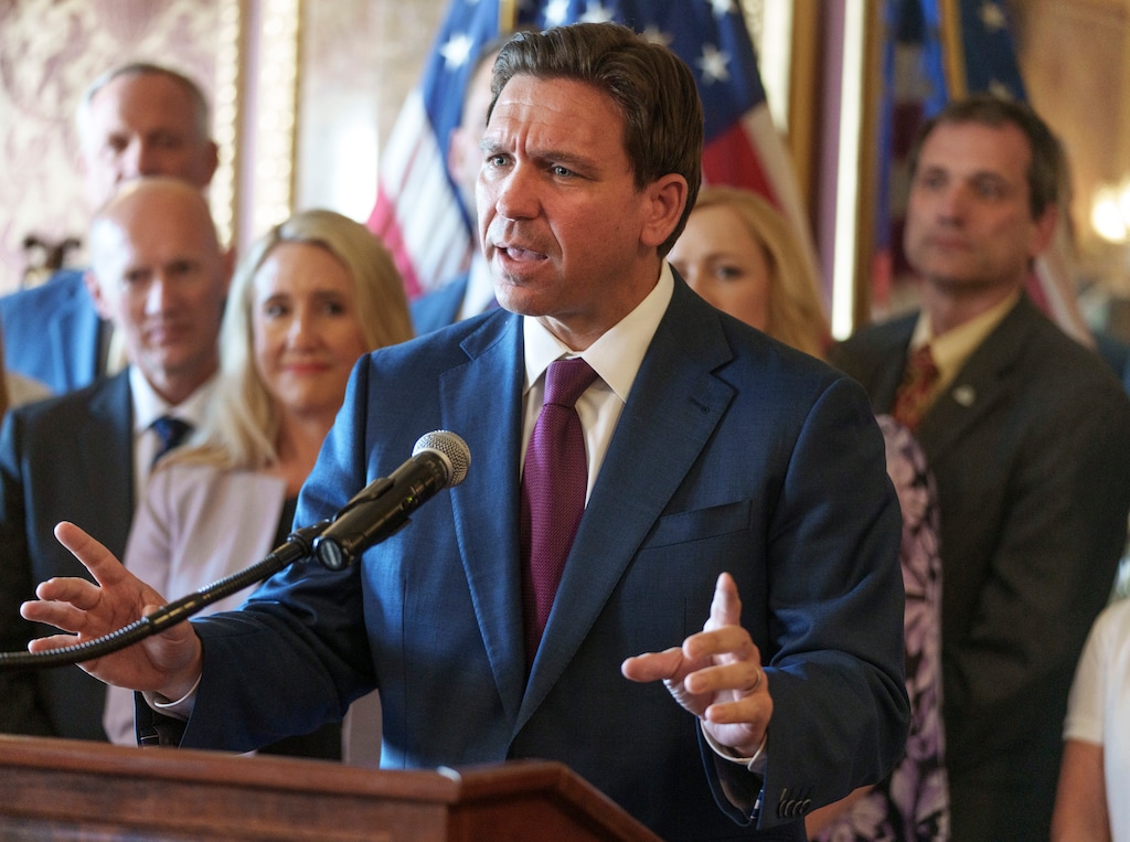 (Leah Hogsten | The Salt Lake Tribune) Florida Gov. Ron DeSantis rallies with Utah Republican lawmakers and supporters, hoping for a financial and political boost for his 2024 presidential campaign at the Capitol, July 21, 2023.