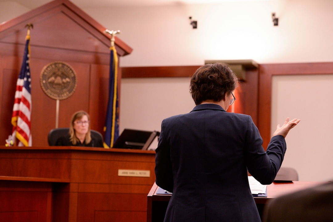 (Leah Hogsten  |  The Salt Lake Tribune)   Attorney Leah Farrell with the AmericanÊCivil Liberties UnionÊof Utah argues on behalf of her plaintiff Tilli Buchanan that UtahÕs lewdness statute is unconstitutional because it discriminates against women in Judge Kara Pettit's Third District Courtroom, Nov. 19, 2019.  Buchanan is facing charges of lewdness involving a child after police say she took off her top while cleaning out the garage and her stepchildren saw her breasts. Judge Pettit is expected to rule in two months.