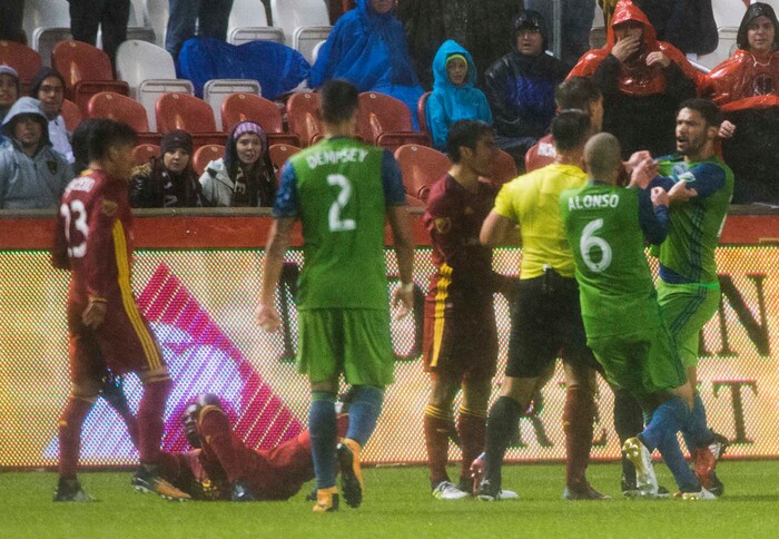 (Rick Egan  |  The Salt Lake Tribune) A scuffle breaks out in the final minutes of the game,  in MLS soccer action, Real Salt Lake vs Seattle Sounders, in Sandy, Saturday, September 23, 2017.