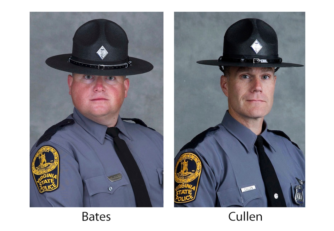 These undated photo provided by the Virginia State Police show Trooper-Pilot Berke M.M. Bates, left, of Quinton, Va., and Lt. H. Jay Cullen, of Midlothian, Va. The two were killed Saturday, Aug. 12, 2017, when the helicopter they were piloting crashed while assisting public safety resources during clashes at a nationalist rally in Charlottesville, Va.  (Virginia State Police via AP)
