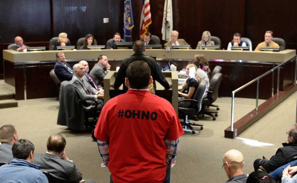 (Francisco Kjolseth | The Salt Lake Tribune) Kevin Allred, a realtor from Herriman waits his turn to go before the the Salt Lake County Council before the first of two votes on Tuesday, Feb. 25, 2020, on a set of zoning changes for Olympia Hills, the controversial new housing and commercial development proposed on unincorporated county land on Herriman's western border. The County Council approved the zoning changes 6-to-3, as residents, many of them wearing shirts with the word "NO" on the front and #OHNO on the back from Herriman, Bluffdale and Riverton showed up to oppose the project.