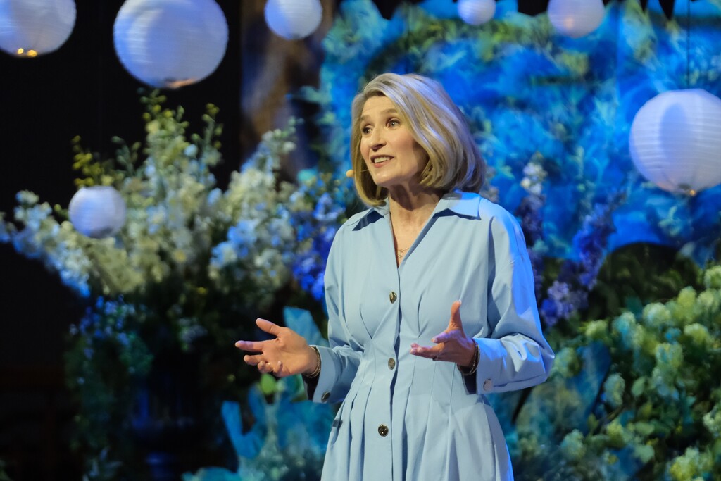 (The Church of Jesus Christ of Latter-day Saints) Relief Society General President Camille N. Johnson speaks at a worldwide devotional for young adults in the historic Tabernacle in Salt Lake City on Sunday, May 4, 2025.