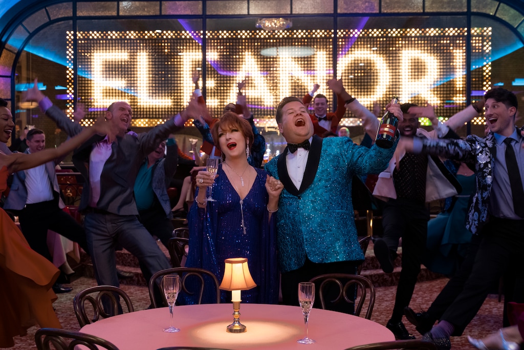 (Melinda Sue Gordon | Courtesy of Netflix) Broadway stars Dee Dee Allen (Meryl Streep, left) and Barry Glickman (James Corden) celebrate the opening of their Eleanor Roosevelt musical, "Eleanor!" — before the bad reviews come in — in the movie musical "The Prom."