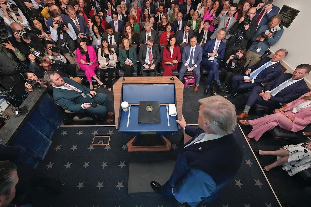 President Donald Trump speaks with reporters in the James Brady Press Briefing Room at the White House, Monday, April 6, 2026, in Washington. (AP Photo/Mark Schiefelbein)