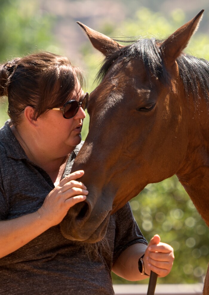 Leah Hogsten  |  The Salt Lake Tribune
"When they are thinking and calm, horses are super learners," said Best Friend's horse trainer Ann Hepworth, with Felix, 15, who was "wild" when he arrived at Best Friends. Hepworth uses the Pat Parelli method of horsemanship training. Best Friends saves thousands of animals every year as the nation's largest no-kill sanctuary, encompassing some 3,700 acres about 5 miles outside Kanab.
