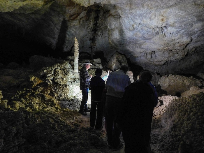 Erin Alberty  |  The Salt Lake TribuneVisitors follow guide Jerald Bates through Crystal Ball Cave during a tour Feb. 20, 2017 in Gandy, Utah.