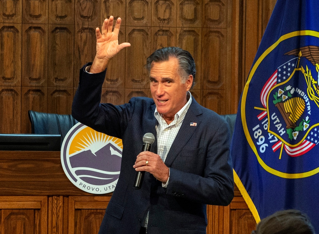 (Rick Egan  |  The Salt Lake Tribune)       Mitt Romney speaks during a town hall meeting at the Provo City Hall Council Chambers, Friday, June 21, 2019.