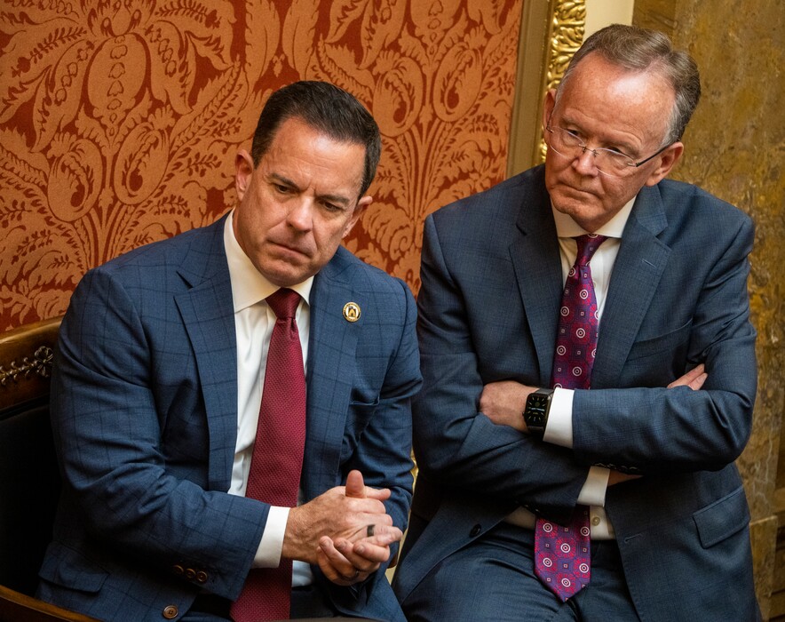 (Rick Egan | The Salt Lake Tribune)  House Speaker Brad Wilson, R-Kaysville,  and Senate President Stuart Adams, R-Layton, on opening day of the 2023 session, Tuesday, Jan. 17.