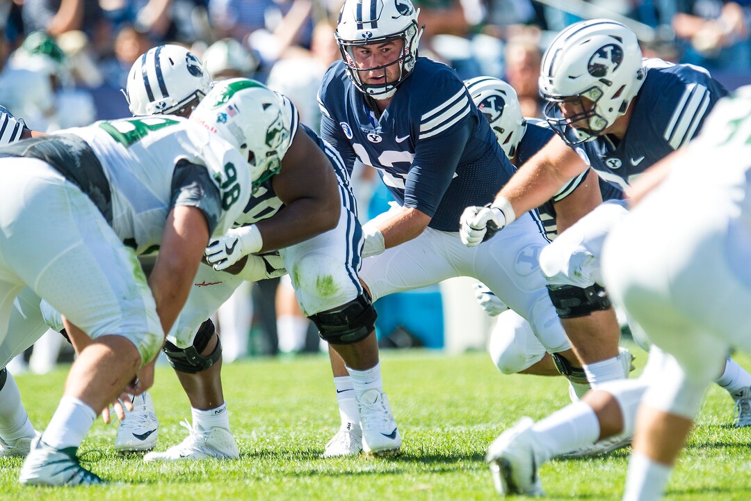 (Chris Detrick  |  The Salt Lake Tribune)  Brigham Young Cougars quarterback Tanner Mangum (12) during the game at LaVell Edwards Stadium Saturday, August 26, 2017.