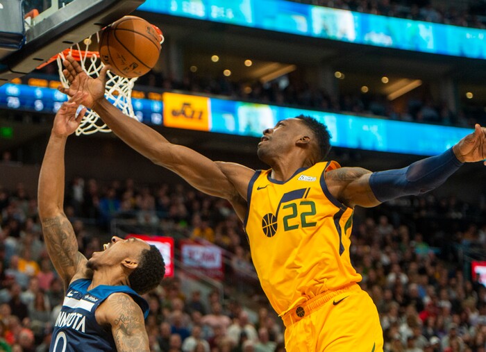 (Rick Egan  |  The Salt Lake Tribune)     Utah Jazz forward Jeff Green (22) blocks a shot by Minnesota Timberwolves guard Jeff Teague (0), in NBA action between the Utah Jazz and the Minnesota Timberwolves in Salt Lake City, Monday, Nov. 18, 2019.