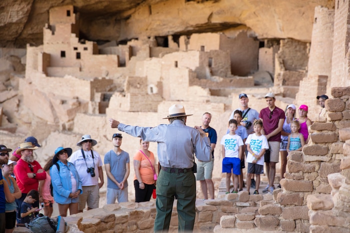 The Cliff Palace, the largest cliff dwelling in North America, during a tour at Mesa Verde National Park in New Mexico, on Aug. 21, 2019. In the red rock desert of the Southwest, an ancient culture was thought to have vanished but a new view connects it to pueblo dwellers of today. (John Burcham/The New York Times)