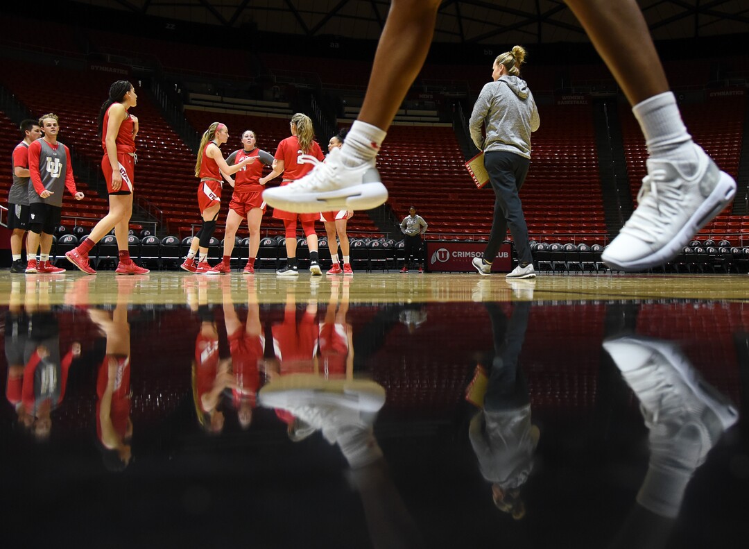 (Francisco Kjolseth  |  The Salt Lake Tribune)  Utah women's basketball head coach Lynne Roberts, right, runs her team through drills during practice at the Jon Huntsman Center on Wed. Jan. 2, 2019, as they prepare for their next game on Friday. The team is having one of the best starts in program history at 12-0.