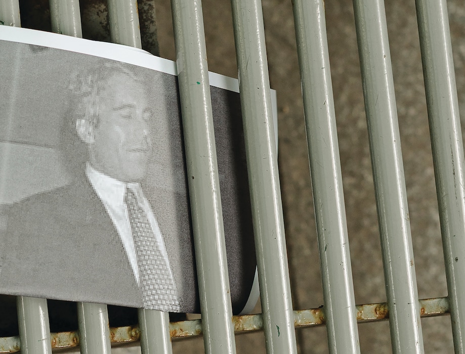 FILE — An image of Jeffrey Epstein is seen stuck in a bench during a No Kings Day protest in Houston, June 14, 2025. (Ariana Gomez/The New York Times)