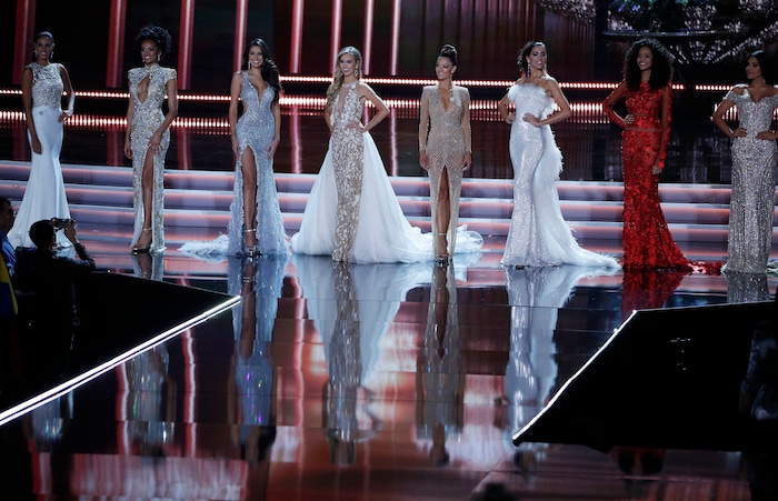 (John Locher | The Associated Press) Contestants stand on stage during the Miss Universe pageant Sunday, Nov. 26, 2017, in Las Vegas.