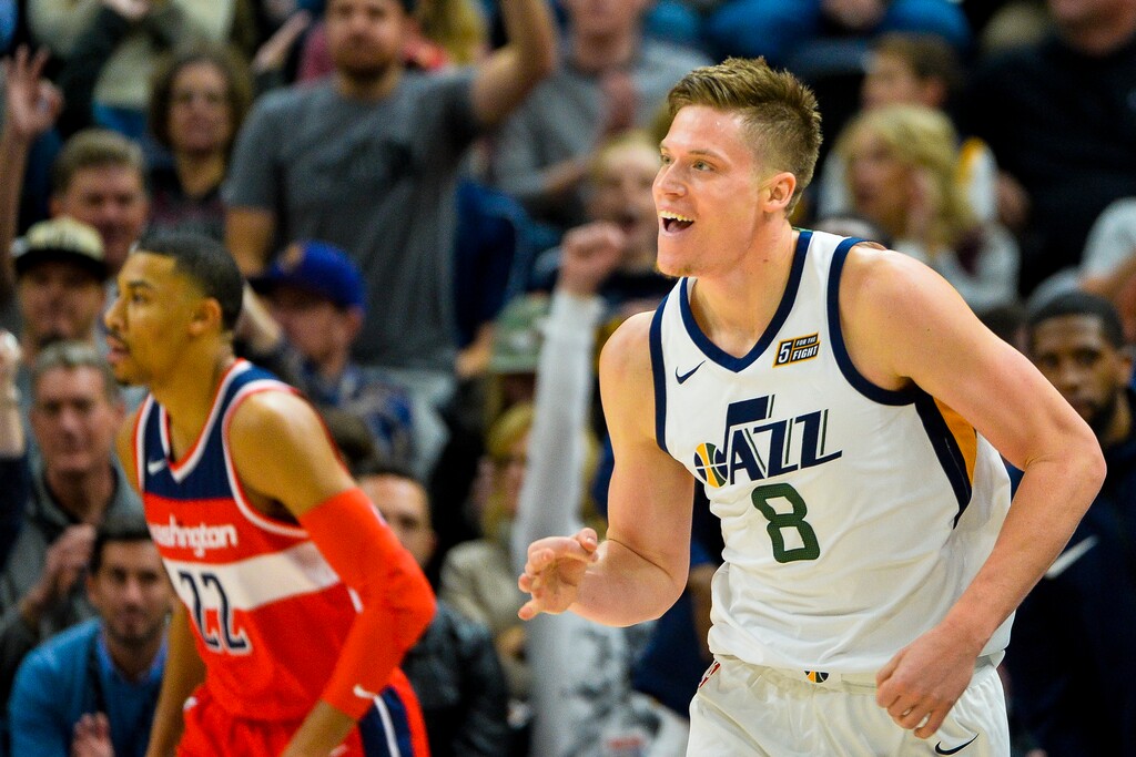 Utah Jazz forward Jonas Jerebko (8) celebrates after scoring against the Washington Wizards in the first half during of an NBA basketball game Monday, Dec. 4, 2017, in Salt Lake City. (AP Photo/Alex Goodlett)