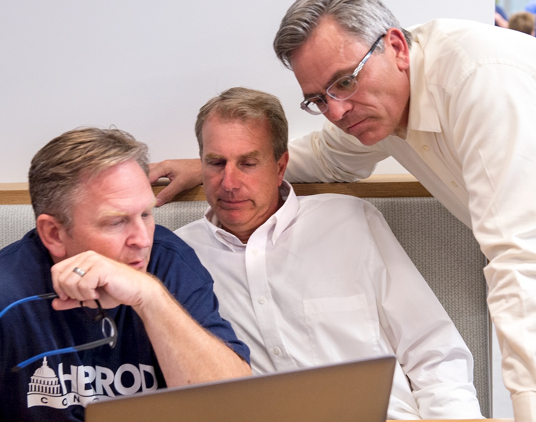 (Leah Hogsten  |  The Salt Lake Tribune) Former state Rep. Chris Herrod (center) sits between his campaign managers Craig Frank, left, and Ken Sumsion, right, as the three watch the polls Tuesday, August 15, 2017 on election night. Registered Republican voters in the 3rd Congressional District will decide whether Provo Mayor John Curtis, former state Rep. Chris Herrod or businessman Tanner Ainge moves forward to the general election. The winner takes on Democrat Kathie Allen and the United Utah PartyÕs Jim Bennett, as well as a handful of independent and third-party candidates, on Nov. 7.