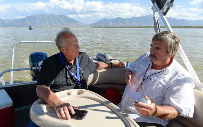 (Francisco Kjolseth | The Salt Lake Tribune) Rep. Mike Noel, R-Kanab, left, speaks with Theron Miller of the Wasatch Front Water Quality Council during a recent tour of Utah Lake. Members of the Legislative Water Development Commission take a tour of Utah Lake on Wednesday, Sept. 13, 2017, for the purpose of learning of wastewater treatment, the importance of protecting our lakes and rivers, how the state is looking to change water quality standards and how regulation is an important local issue.