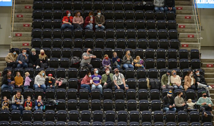 (Leah Hogsten | The Salt Lake Tribune) Crowds socially distance in the stands to watch as the Jazz crack open their 2020-21 preseason with their second game against the Phoenix Suns, Dec. 14, 2020.