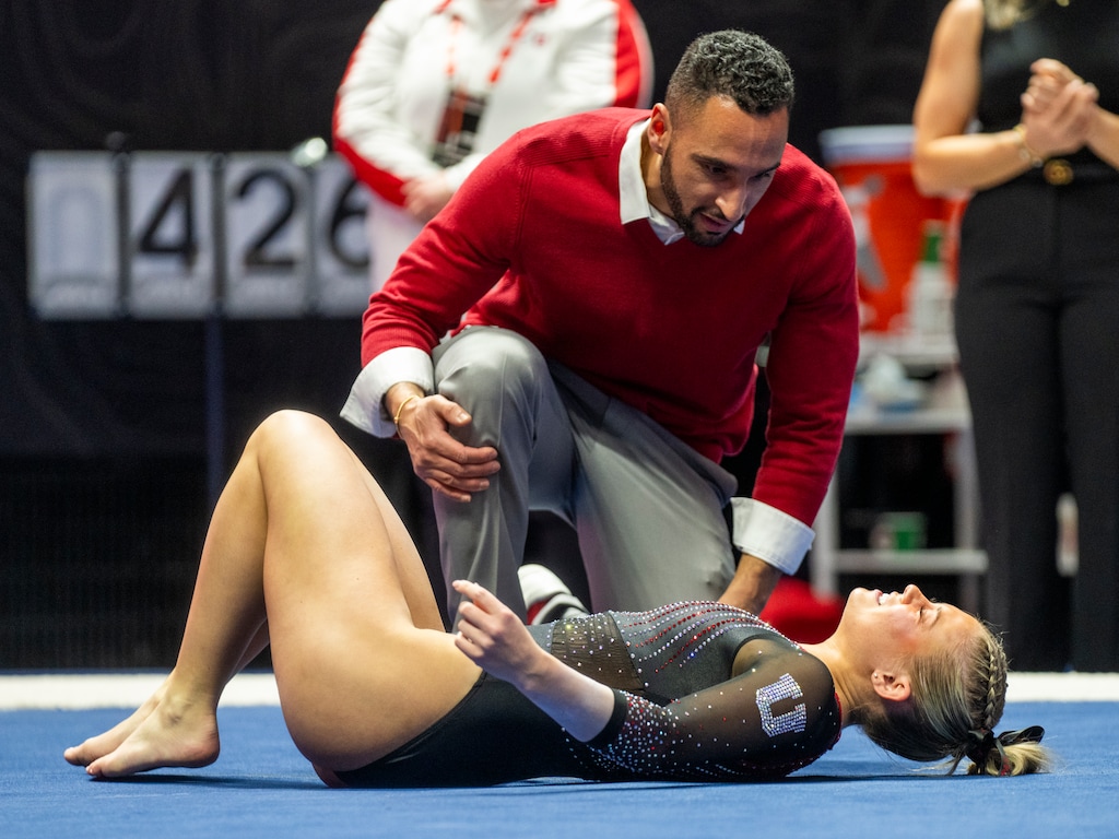 (Rick Egan | The Salt Lake Tribune)  Avery Neff stopped short on her floor routines due to an injury, during a Big12 Gymnastics meet against Iowa State, at the Jon M. Huntsman Center, on Friday, Jan 17, 2025.  . 