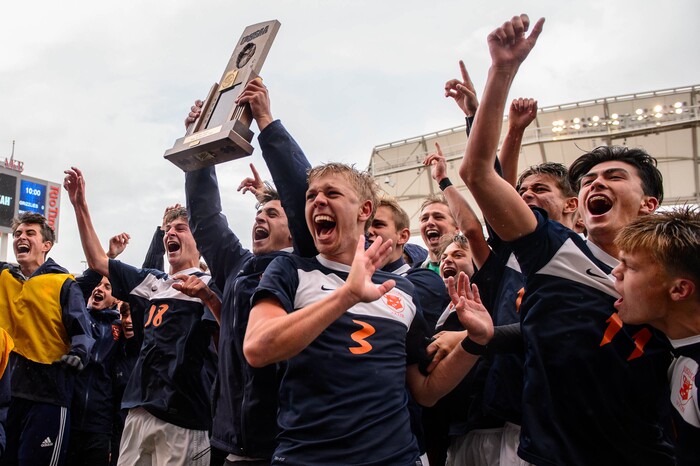 (Trent Nelson  |  The Salt Lake Tribune)  
Brighton players celebrate after defeating Olympus High School 3-2 in overtime in the 5A boys state championship game at Rio Tinto Stadium in Sandy, Thursday May 23, 2019.