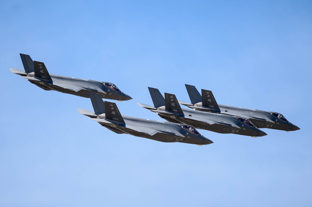 (Trent Nelson  |  The Salt Lake Tribune) The Air Force F-35A Lightning II Demonstration and 388th Fighter Wing, based at Hill Air Force Base, performs a formation flyover as seen in South Jordan on Thursday, April 30, 2020. The demonstration over Utah was a “salute to everyone on the front lines in the fight against COVID-19, as well as those staying at home to flatten the curve of the virus,” according to a news release.