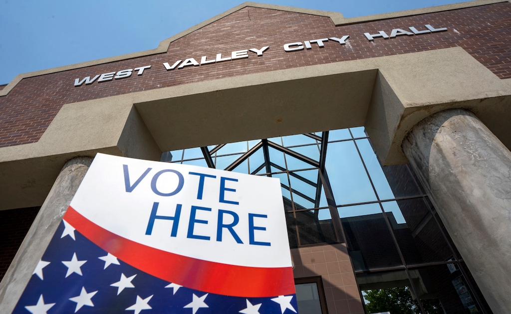 (Rick Egan | The Salt Lake Tribune) A voting sign at the West Valley City Hall, on Tuesday, Aug. 10, 2021.
