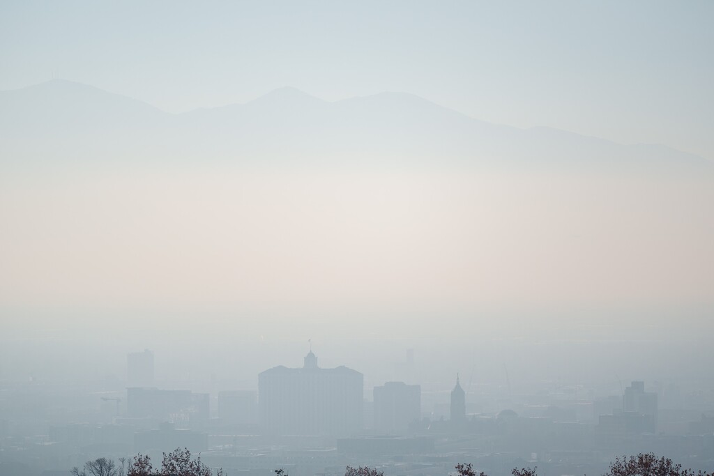 (Trent Nelson  |  The Salt Lake Tribune) Poor air quality obscures the Oquirrh Mountains and downtown Salt Lake City, as seen from the University of Utah on Friday, Dec. 3, 2021.