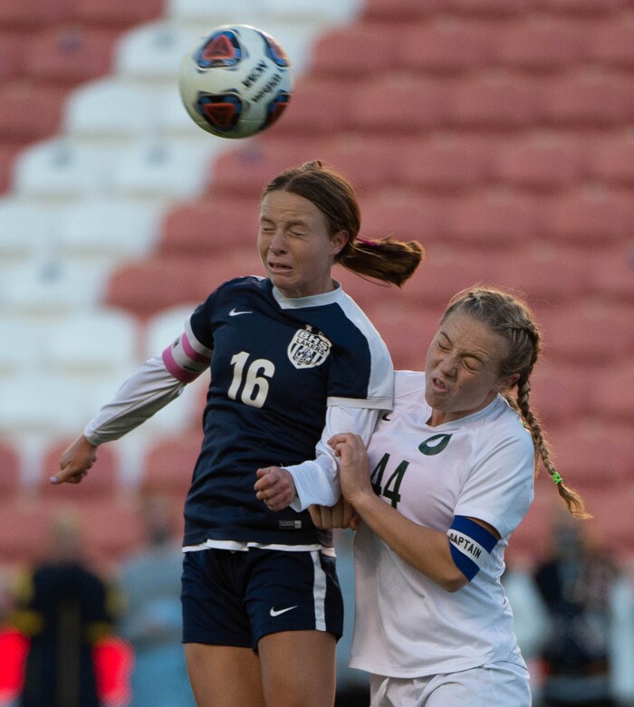 (Francisco Kjolseth  |  The Salt Lake Tribune) Summer Diamond #16 of Bonneville battles Megan Jewell #44 of Olympus as they compete in their 5A high school girls championship game at Rio Tinto Stadium in Sandy on Friday, Oct. 23, 2020. Bonneville went on to win 1-0 in overtime.