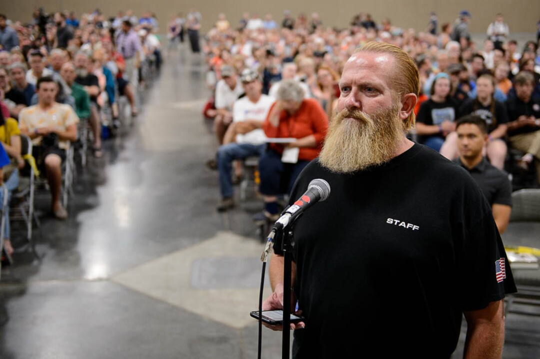 (Trent Nelson | The Salt Lake Tribune)  Sam Robinson of Utah Gun Exchange asks a question of student activists involved with the March for Our Lives movement at a town hall at the Mountain America Expo Center in Sandy, Saturday July 14, 2018.