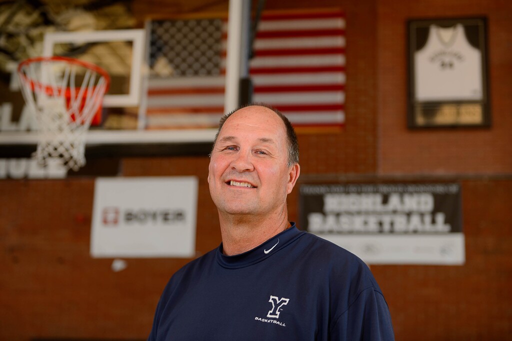 (Trent Nelson  |  The Salt Lake Tribune)  BYU women's basketball coach Jeff Judkins with his retired jersey in the Highland High School gym, Tuesday August 1, 2017.