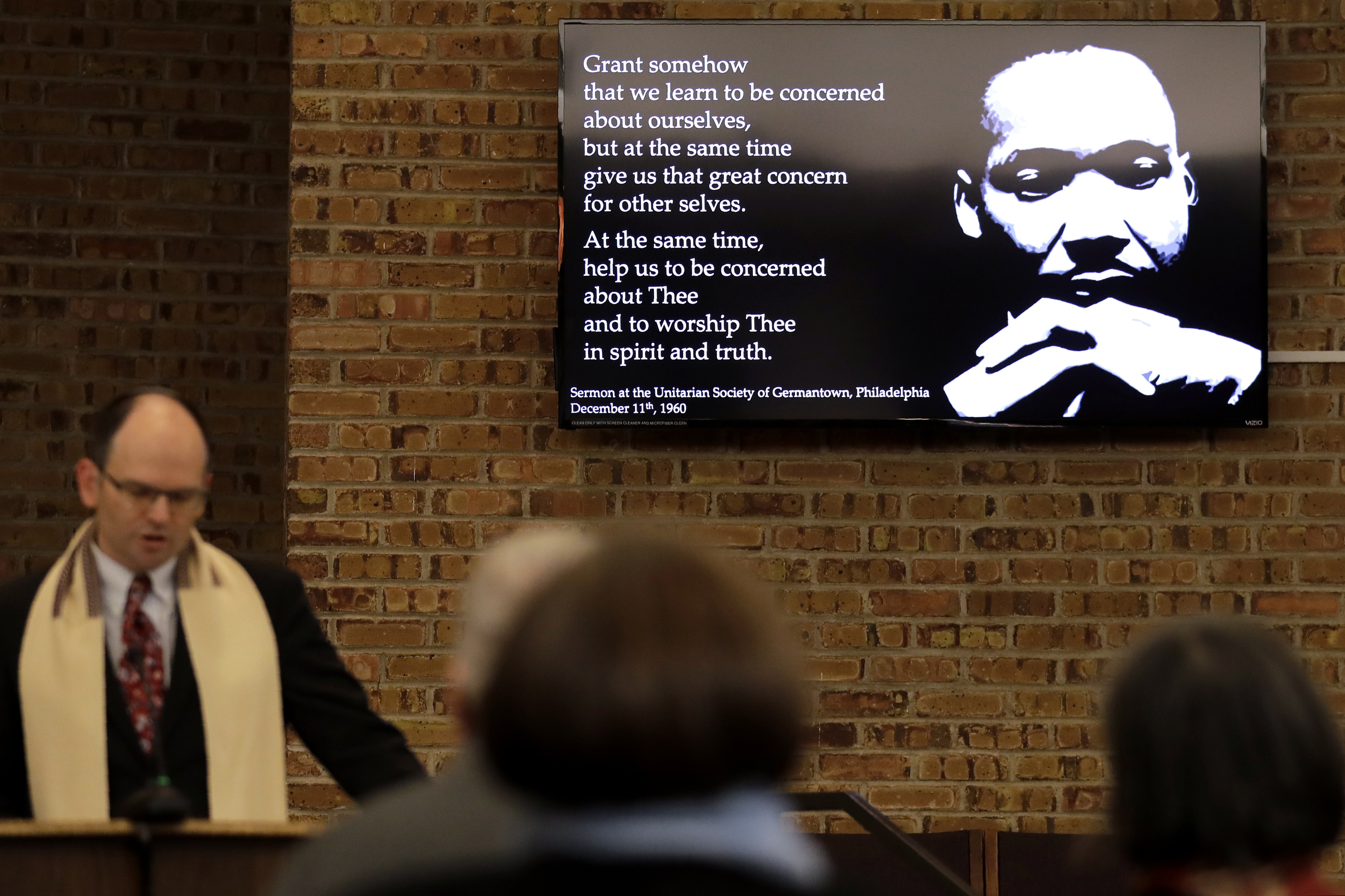 (Nam Y. Huh | AP) Rabbi Fred Reeves, left, speaks during the Friday Shabbat Service at KAM Isaiah Israel in Chicago on Jan. 17, 2020. As the U.S. honors an African American who strove against hate and preached racial and social justice, some worry the nation is becoming more divided.