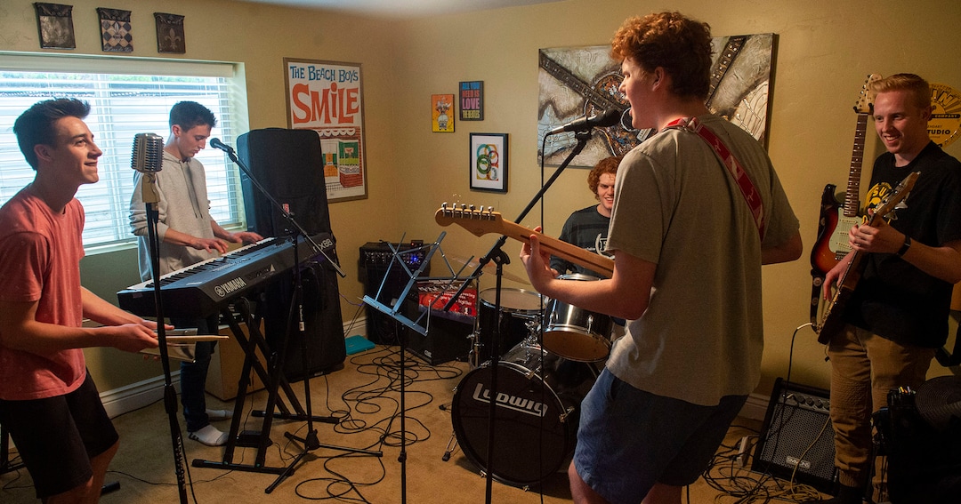 (Rick Egan  |  The Salt Lake Tribune) Woods Cross students, Zach Leger, Adam Leger, Sam Phillips, Carter Olsen and Isaac Phillips are members of The Rockees, a rock band that won this year's Utah PTA "Battle of the Bands" competition. Thursday, May 23, 2019.