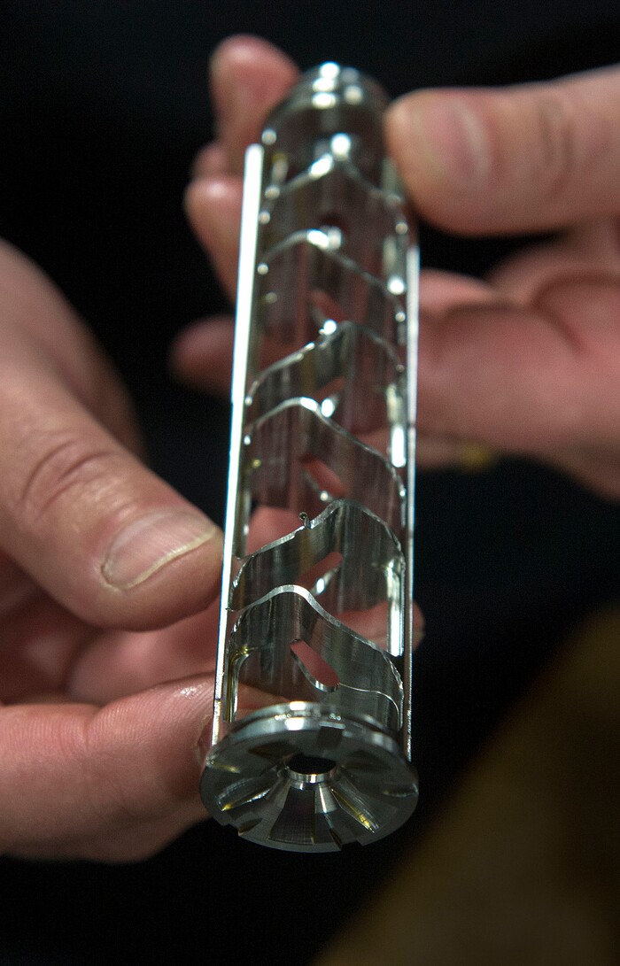 Leah Hogsten | The Salt Lake Tribune
A gun baffle in production will reduce the amount of noise and visible muzzle flash as gases decrease in the small facets of the chamber. Silencerco is one of the country's largest manufacturers of silencer for guns of all kinds, Friday, May 28, 2017.