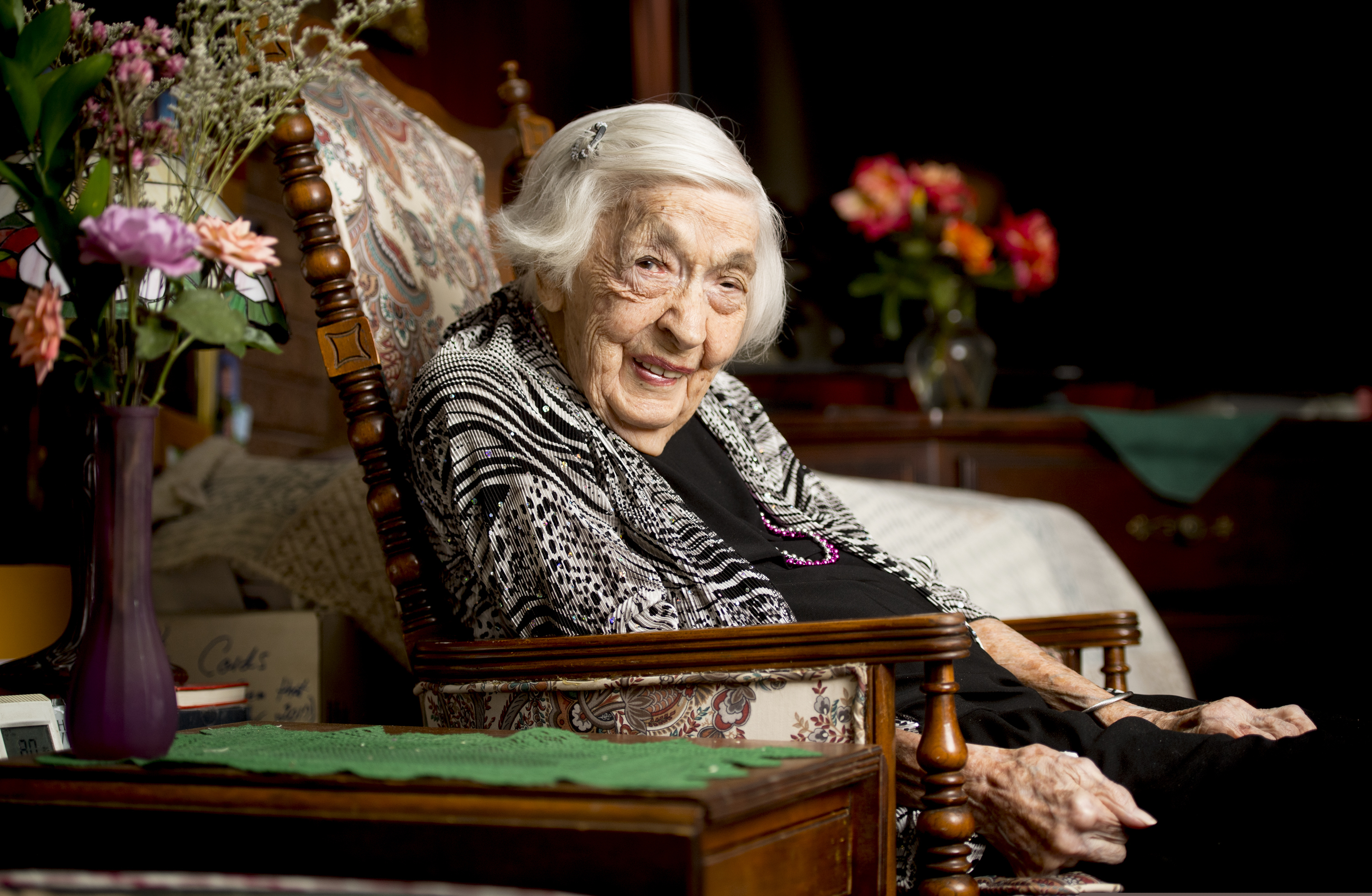 MacCene Grimmett, 106, poses for a portrait at her home in Provo, Utah, on Thursday, June 11, 2020. Grimmett was born on Friday, June 13, 1913, and will turn 107, Saturday, June 13, 2020. (Isaac Hale/The Daily Herald via AP)