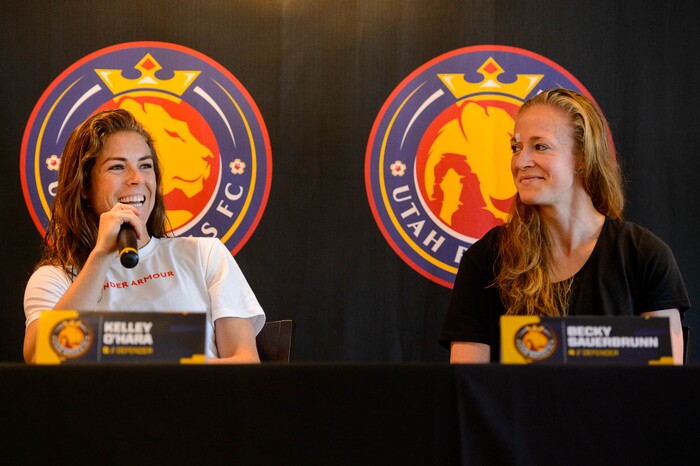 (Trent Nelson | The Salt Lake Tribune)
Utah Royals defenders Kelley O'Hara and Becky Sauerbrunn speak about their World Cup experiences at a news conference in Sandy on Wednesday July 17, 2019.