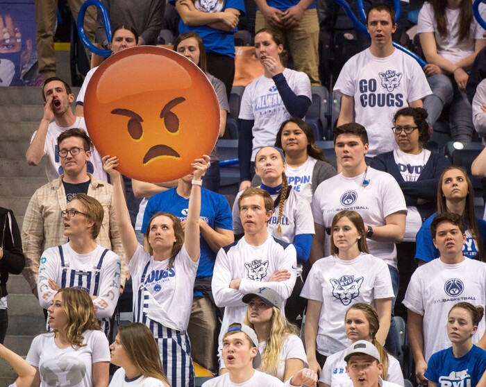 (Rick Egan  |  The Salt Lake Tribune)  Brigham Young Cougar fans not happy with some of the calls by the referees, in basketball action at the Marriott Center, Saturday, February 10, 2018.